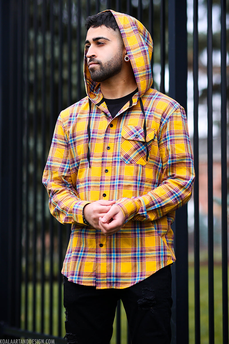 Yellow Plaid Button Up Hoodie Koala Art Design