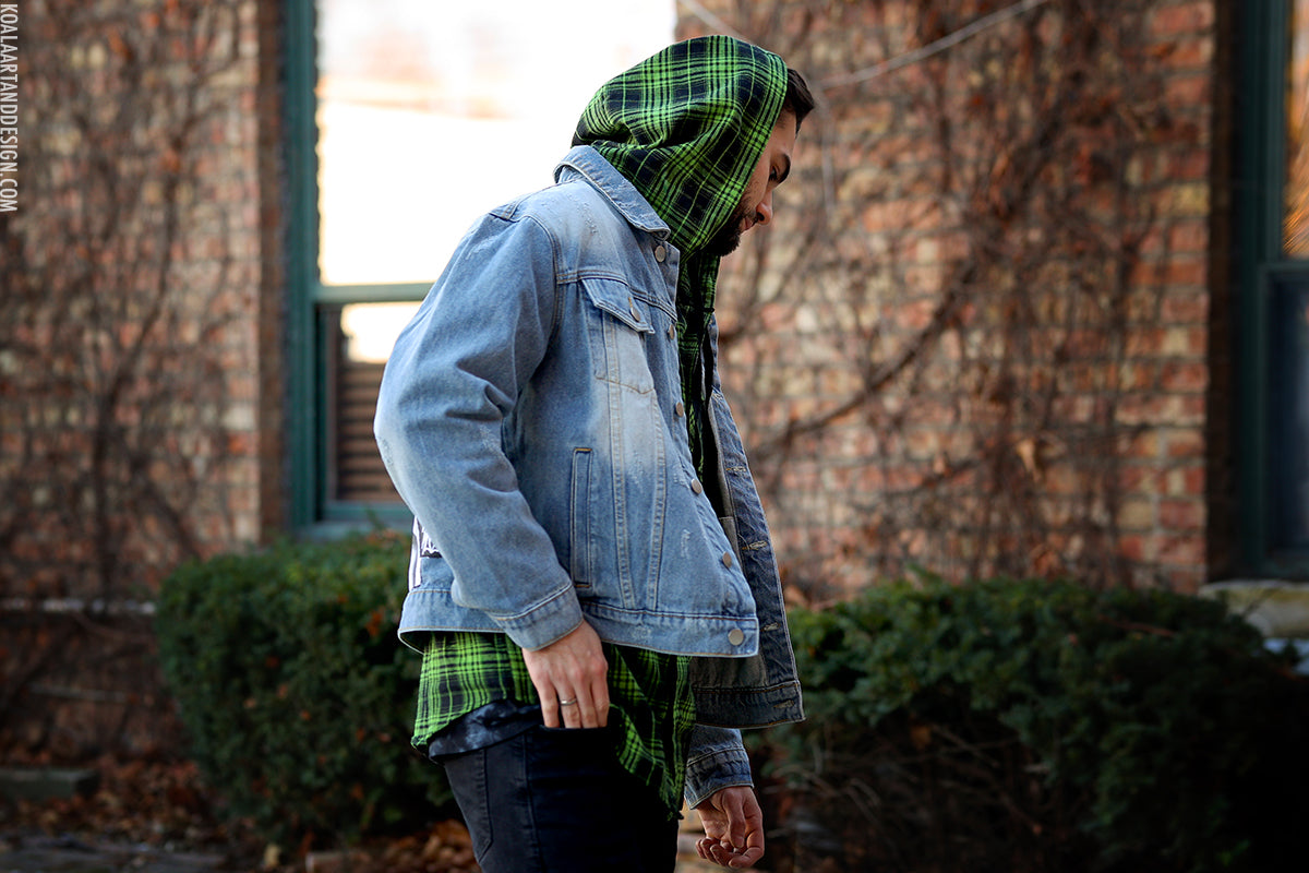 Neon Green Plaid Flannel Hoodie